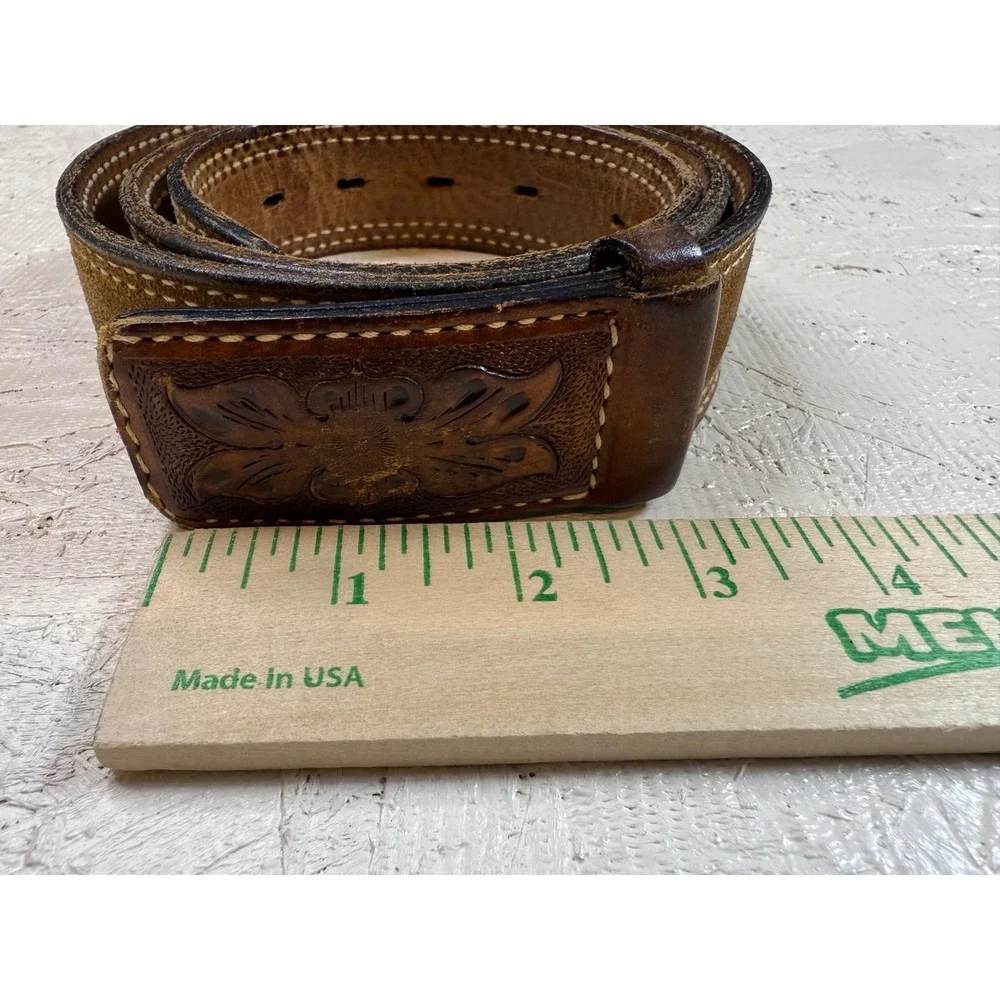 Men's Western‎ Tooled Leather Belt Floral Design Brown Suede Lined